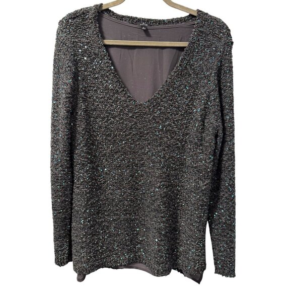 Apt. 9 blouse Sz  XL Gray Sequin V-Neck Long Sleeve Sweater With Sheer Underlaye - Picture 1 of 12